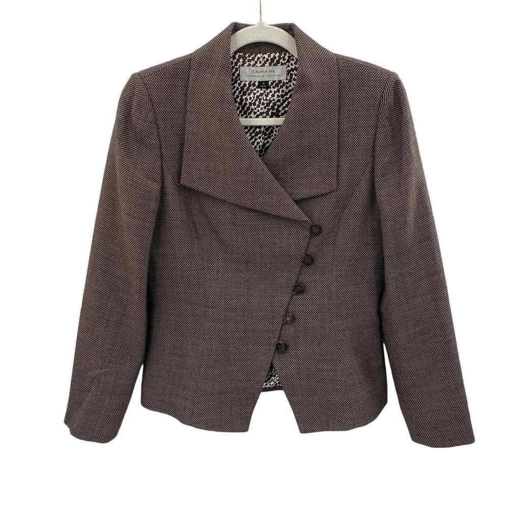 Tahari ASL Blazer Jacket Womens 4 Brown Wool Asymmetrical Buttons Lined